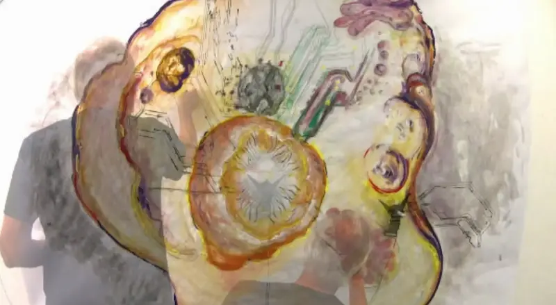 Artist and robot jointly enacting evolution cell design on basis of the chaos and order concept - science art painting - wissenchaft-kunst - arte ciencia