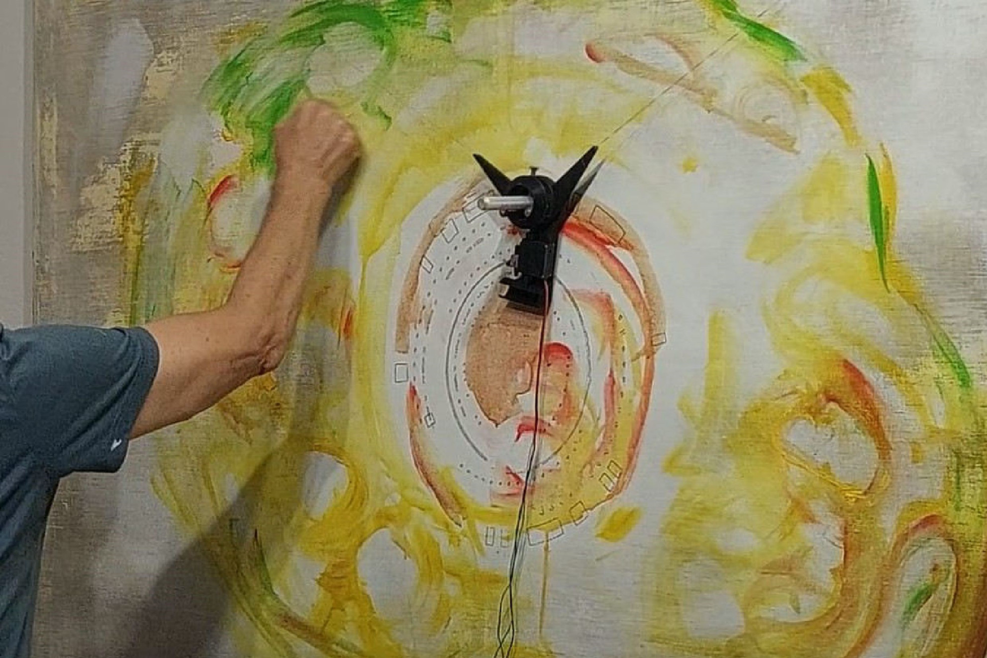 Live perfomance of cocreation work with robot printer at  X-Frames for Space  exhibition , Vienna, 2025